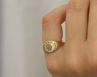 14K Gold ring with a unique engraving, gold pinky signet ring, gold ring with dedication, gold blessing ring, delicate gold signet ring.