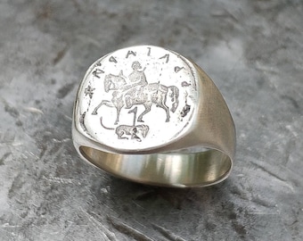 Unique Silver Ring, Mens Ring, Modern Ring, Engraved Silver Ring, Signet Ring Women, Signet Ring Men, Horse jewelry, Organic Ring, Coin