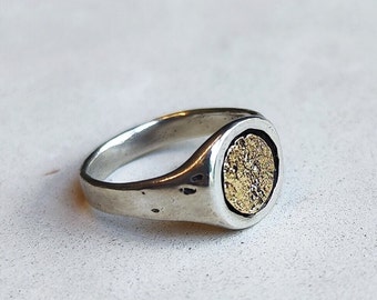 Silver signet ring with 14K gold coin, coin ring, silver and gold signet ring, signet ring for women, special signet ring, raw style ring