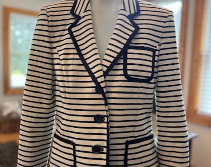 Chic Nine West women’s black and white striped blazer, perfect for office, business casual, or smart layering