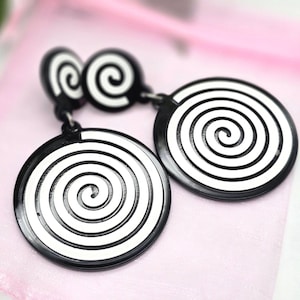 Boho spiral dangle earrings, black and white long earrings, summer jewellery, acrylic earrings, Circle earrings