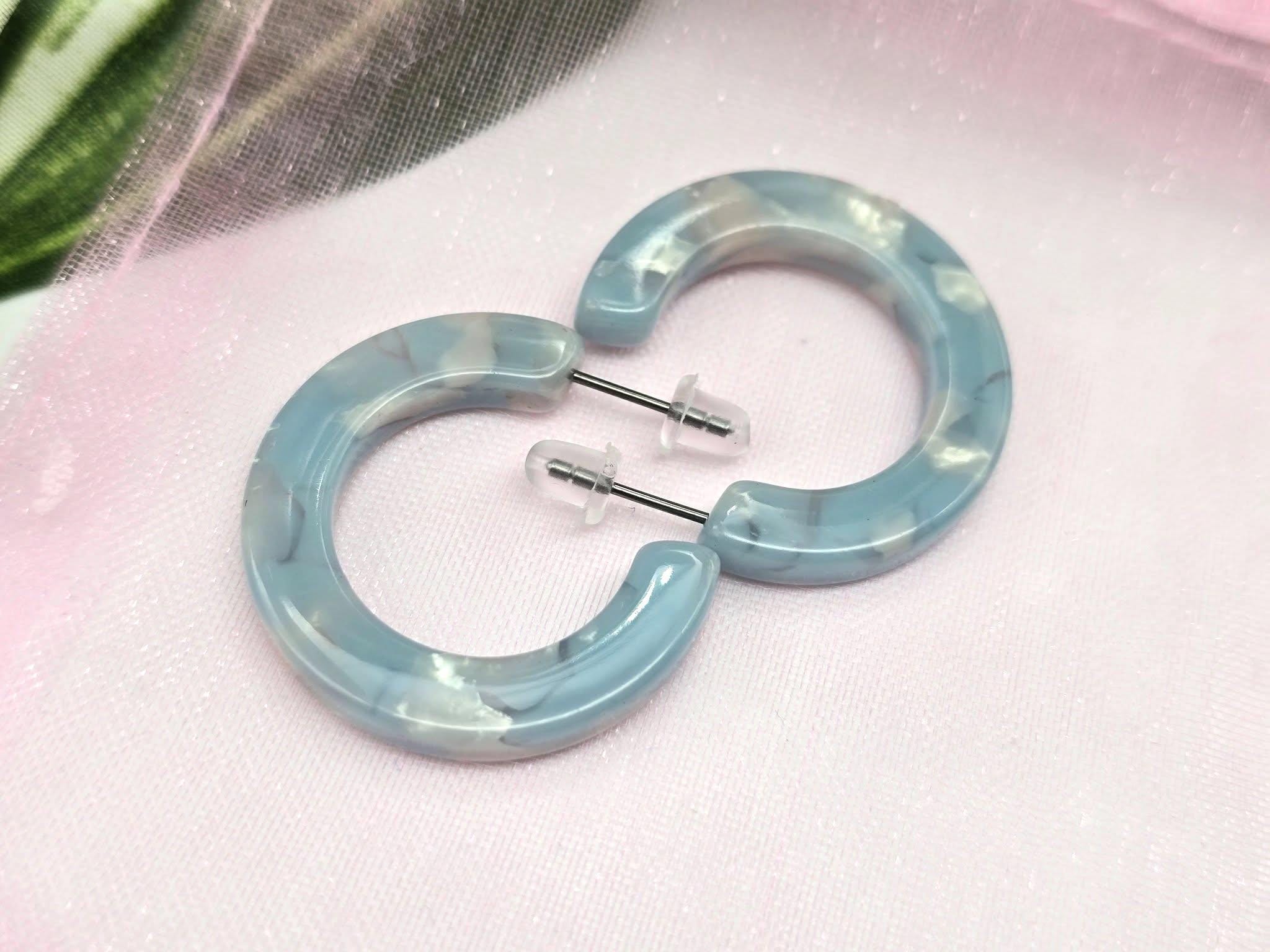 Light Blue Marble Hoop Earrings: Acrylic Summer Jewelry, image size:2048x1536