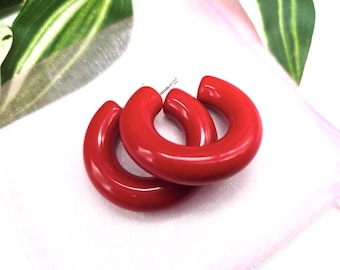Red Acrylic Hoop Earrings: Summer Jewelry, Hypoallergenic Posts