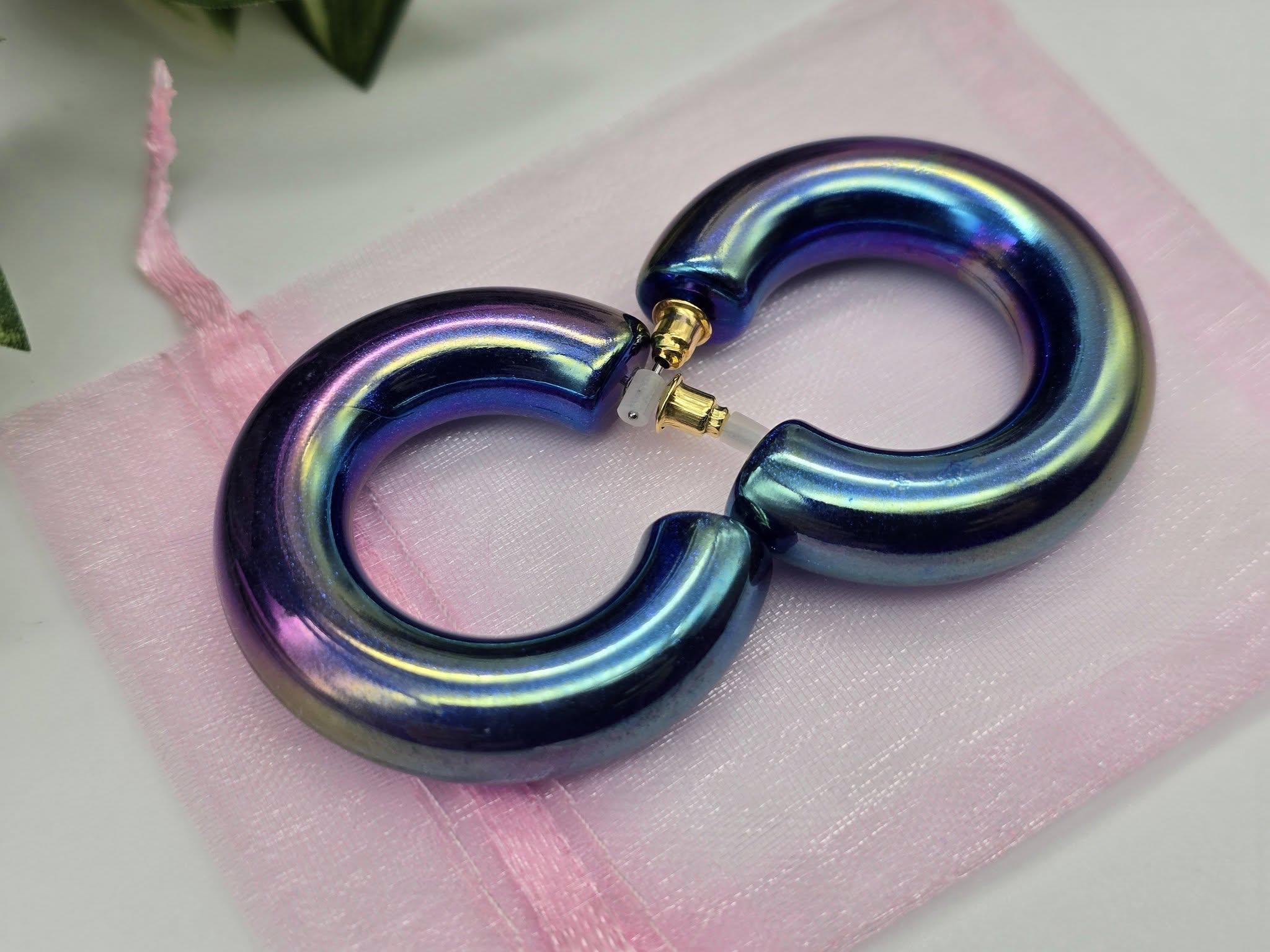 Aurora Borealis Blue Hoop Earrings: Hypoallergenic Acrylic Jewelry, image size:2048x1536