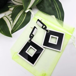 Boho dangle earrings, black and white long earrings, summer jewellery, acrylic earrings, Circle earrings