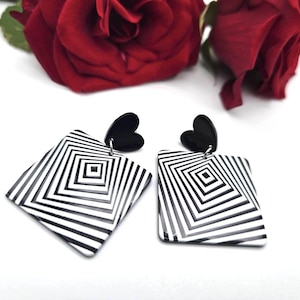 Boho heart dangle earrings,  black  and white long earrings, summer jewellery, acrylic earrings, multicoloured earrings