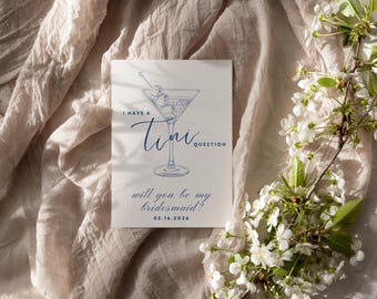 Elegant Martini Bridesmaid Proposal Card | Will You Be My Bridesmaid | Blue Printable Invite | Digital Download Template