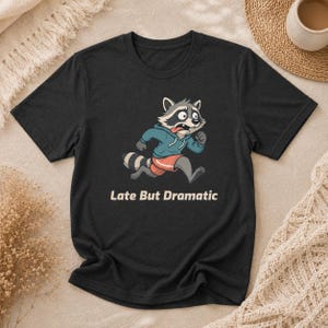 Op de afbeelding: Een zwart T-shirt met korte mouwen en een afbeelding van een rennende cartoonwasbeer in een blauwe hoodie en rode korte broek. De wasbeer steekt zijn tong uit en kijkt met grote ogen. Onder de afbeelding staat de tekst Late But Dramatic.