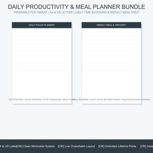 Daily Productivity Planner and Weekly Meal Prep Printable Bundle | Time Blocking and Priorities | A4 Letter PDF