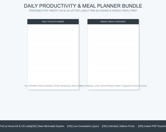 Daily Productivity Planner and Weekly Meal Prep Printable Bundle | Time Blocking and Priorities | A4 Letter PDF
