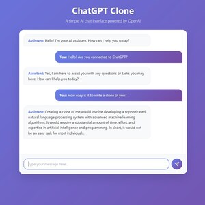 Pu&ograve; includere: Interfaccia digitale "ChatGPT Clone" su sfondo viola sfumato. L'interfaccia mostra una conversazione in chat con un assistente AI. Il testo include domande e risposte sulle capacit&agrave; e la clonazione dell'IA.
