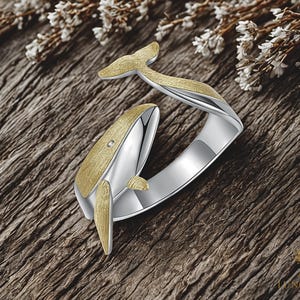 Whale Ring 925 Sterling Silver. Adjustable Gold Whale Ring. Handmade Ocean Jewelry. Nautical Gift for Her. Unique Animal Ring.