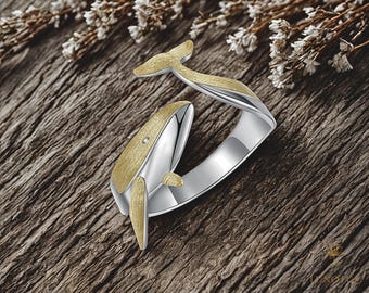 Handmade 925 Sterling Silver Whale Ring: Adjustable Gold Plated Ocean Jewelry