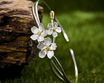 Handmade Sterling Silver Forget Me Not Bangle - Adjustable Floral Bracelet