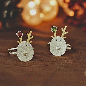 Christmas Reindeer Ring. 925 Silver Adjustable. Cute Holiday Jewelry with Tourmaline. Handmade Xmas Gift for Her