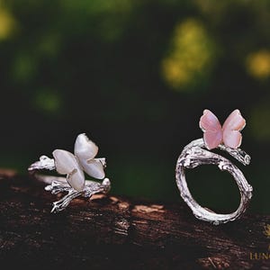 Butterfly Shell Ring. 925 Sterling Silver. Handmade Adjustable Branch Ring for Women. Nature Inspired Fine Jewelry