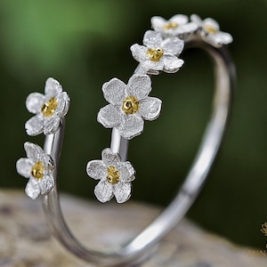 Vergeet-me-niet-bloemenring | Verstelbare 925 sterlingzilveren of gouden ring | Handgemaakte botanische sieraden | Op de natuur geïnspireerd statementcadeau