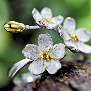 Vergeet-me-niet-bloemenring | Verstelbare sterlingzilveren ring | Handgemaakte botanische sieraden | Op de natuur geïnspireerde ring | Cadeau voor haar