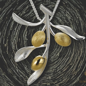 Olive Branch Necklace. 925 Sterling Silver Pendant. Gold Plated Botanical Jewelry. Nature Inspired Handmade Gift for Women. Minimalist