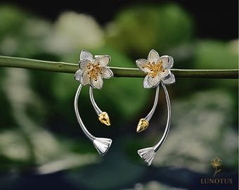 Handmade Sterling Silver Lotus Flower Earrings: Botanical Jewelry
