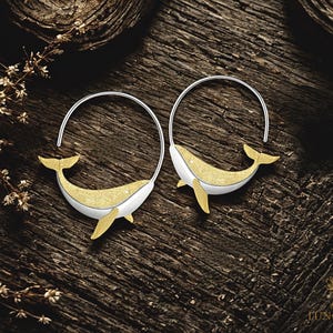 Handmade Gold Plated Whale Hoop Earrings: 925 Sterling Silver