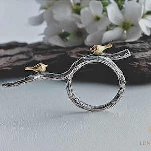 Adjustable Bird Ring for Women. 925 Silver Handmade Branch Jewelry. Nature Inspired Statement Ring