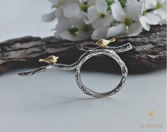 Adjustable Bird Ring for Women. 925 Silver Handmade Branch Jewelry. Nature Inspired Statement Ring