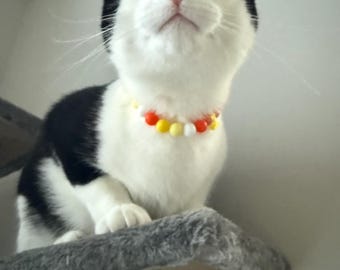 以下が含まれることがあります： カラフルなビーズの首輪をつけた白黒の猫が、灰色のキャットタワーに座っています。猫は緑色の目をし、上を見上げています。キャットタワーにはサイザル麻で巻かれた柱があります。