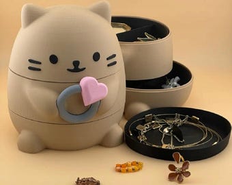 Boîte à bijoux pour chat imprimée en 3D : rangement pour bibelots kawaii, cadeau pour amoureux des chats