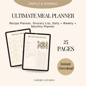 25-Page Meal Planner | Weekly Menu, Grocery List, Recipe Cards, Budget Tracker | Printable & Digital PDF | GoodNotes/iPad Friendly