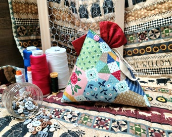 Chicken pincushion, Prairie fabric by Lori Holt for Riley Blake