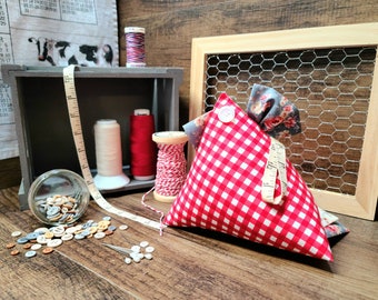 Red and white gingham chicken pincushion