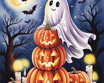 Impresiones artísticas de acuarela de un fantasma adorable sobre calabazas / Decoración de Halloween espeluznante (descarga digital)