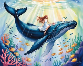 Watercolor Whale and Girl Fantasy Art Print – Ocean Underwater Wall Decor, Digital Download