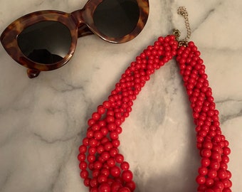 Vintage 80s Braided choker length necklace in bright red