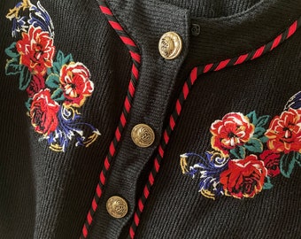 Vintage 80s Leslie Fay Black Cardigan with Rose Applique