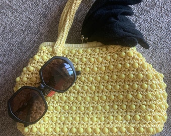 Vintage 60s Sunny Yellow Raffia Bead Handbag