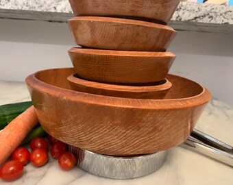 50s Vintage Hellerware Danish Modern Wood and Chromium Salad Bowl Set (5 piece)