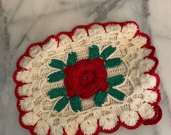 Vintage 1950s Hand Crochet Decorative Pot Holder with Rosette