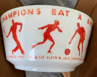 1930s Rare Wheaties Breakfast of Champions Milk Glass Bowl w Sports Figures