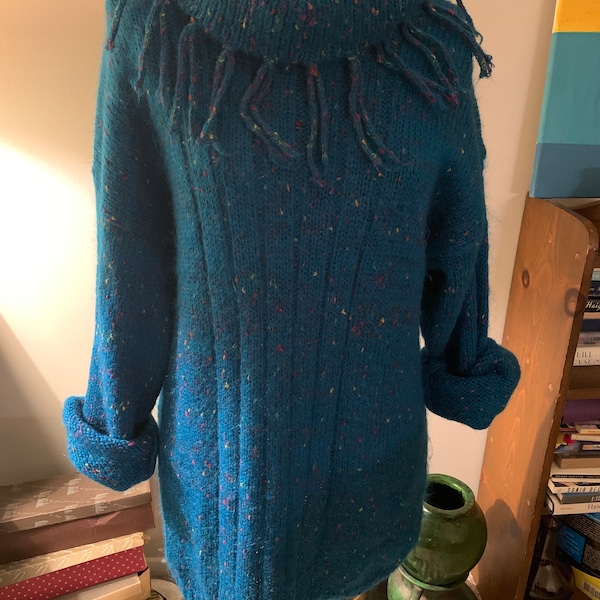 Vintage 80s Papagallo Cowl Neck Oversized Sweater/Dress in Teal Tweed Knit XL