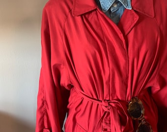 90s Cranberry Red Lightweight Duster or Overcoat size L With Belt