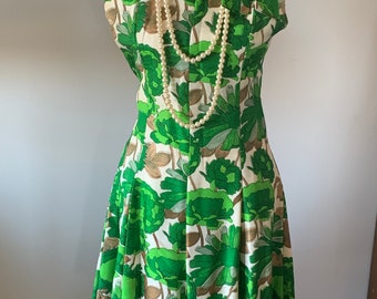 Vintage 60s Silk Sleeveless  Party Dress in Green Abstract Floral