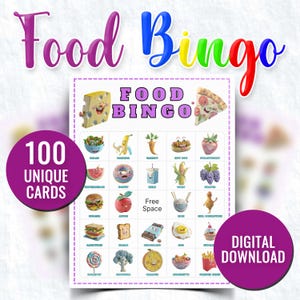 Bingospel eten – afdrukbare kinderactiviteit – educatieve bingokaarten eten – leuk gezelschapsspel – direct downloaden voor kinderen