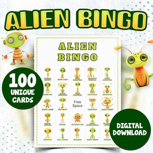 Alien Creatures Bingo – afdrukbare ruimteactiviteit voor kinderen – leuk en grillig scifi-bingospel – direct downloaden