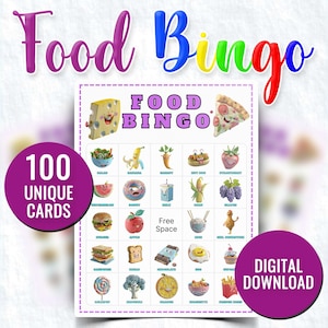 Bingospel eten – afdrukbare kinderactiviteit – educatieve bingokaarten eten – leuk gezelschapsspel – direct downloaden voor kinderen