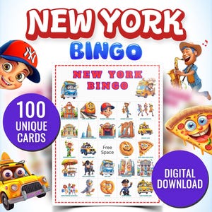 New York bingospel – afdrukbare kinderactiviteit – educatieve New York bingokaarten – leuk gezelschapsspel – direct downloaden voor kinderen