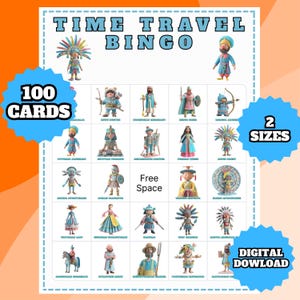 タイムトラベルビンゴゲーム – 印刷可能な子供向けアクティビティ – 歴史ビンゴカード – 楽しい学習ゲーム – 子供向けの即時ダウンロード