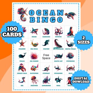 Meerestier-Bingospiel - Druckbare Kinderaktivität - Meerestiere Bingokarten - Lustiges Partyspiel - Sofort-Download für Kinder