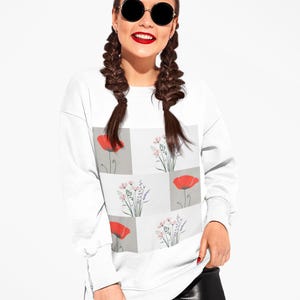 Floral Lightweight Crewneck Sweatshirt, Simple Modern Graphic Sweatshirt, Fresh Floral Print Jumper, Casual Pullover Sweater, Clean Floral